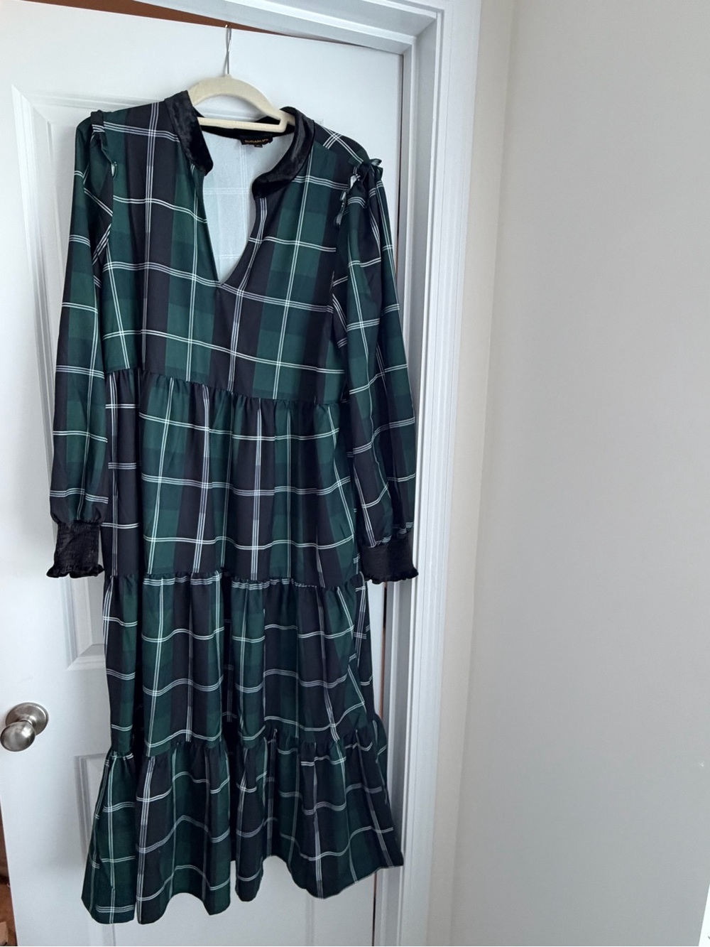 Sugarlips Green and Black Plaid Long Sleeve Tiered Midi Dress